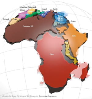 Настоящие размеры Африки. Большинство людей в шоке, когда видят реальные размеры Африки, потому что наиболее часто используемая карта мира, проекция Меркатора, содержит значительно обезображенные размеры стран и континентов.