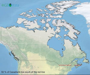 Знаете ли вы, что 50% населения Канады живет южнее красной линии?