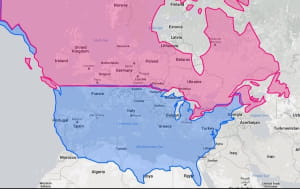 США и Канада на тех же широтах, что и Европа.
