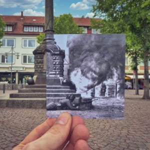 Городская площадь в Ильцене, Германия, во время Рейнского сражения (апрель 1945) и в 2021 году.