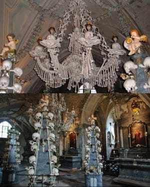 Костяная церковь Седлецкого оссуария, Чехия. По оценкам оссуарий содержит скелеты от 40 000 до 70 000 человек, кости которых во многих случаях были художественно скомпонованы, чтобы сформировать украшения и мебель для часовни.