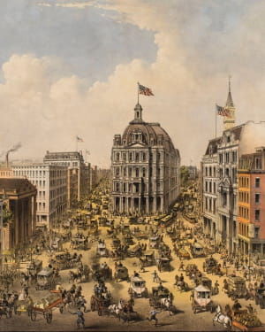 Нью-Йорк, США (1875). Ця літографія від Currier & Ives відображає хаос Нью-Йорка дев’ятнадцятого століття, зосереджуючись на жвавому перехресті Бродвею та Фултон-стріт із завантаженими вулицями та людними тротуарами.