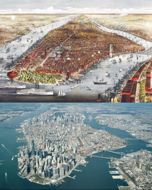 Великомасштабна детальна панорамна карта Манхеттена 1876 року та сьогодні.