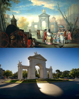 Пуэрта-де-Сан-Висенте – это монументальные ворота в Мадриде. Они были построены в 1995 году на месте оригинальной двери, разработанной Франческо Сабатини (1775–1892). Это же место изображено на картине Гиннесса Андреса де Агирре в 1785 году и в ее нынешне