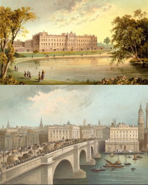 Оригинальный фасад Букингемского дворца, спроектированный Эдвардом Блором, вид на озеро Сент-Джеймс Парк, 1897 год. Лондонский мост, 1899 год. Обе картины Т. Нельсон.