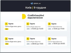 Графік відключення світла на 9 грудня