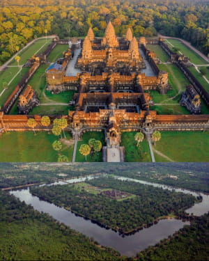 Ангкор-Ват, Камбоджа. Занесений до Книги рекордів Гіннеса як найбільша релігійна споруда на Землі, храм оточений величезним штучним ровом шириною 190 метрів, який утворює прямокутник 1,5 кілометра завдовжки та 1,3 кілометра завширшки.