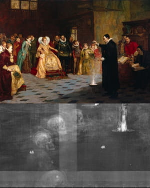 Джон Ди, оккультист Елизаветы I и вероятный шпион, подписывал свою работу как «007». На этой работе изображен Ди, проводящий ритуал для королевы. Рентгеновские снимки обнаружили кольцо черепов, скрытое на заднем плане — жуткая деталь для работы, изображаю