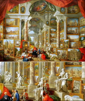 «Современный Рим» Паннини содержит десятки других картин, исполненных в исключительных деталях. Она включает сцены римских зданий и скульптуры времен Панини, в частности Моисей Микеланджело и Давид Бернини. Увеличьте масштаб, чтобы по-настоящему оценить э