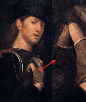 Это "Портрет лучника" Джорджоне. Одна из моих удивительных деталей – это то, как рука юноши едва заметно отражается на полированной поверхности его доспехов.