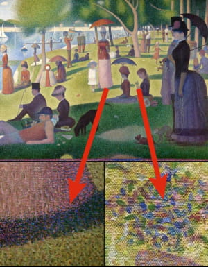 У этого произведения нет никаких мазков кисти. Он состоит из более двух миллионов крошечных цветных точек. Он называется «Воскресный день на острове Гранд-Жатт» (1884–1886) и является самым известным произведением Жоржа Сера.