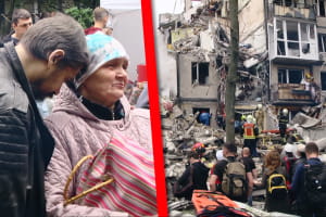 "Нет, не могу их видеть": женщина ждет, пока ее внуков и детей достанут из-под завалов после ракетного удара в Киеве &ndash; видео