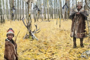 Уявлення художника про похоронний острів Скатегольм. На передньому плані зображено хлопчика, в могилі якого знайшли оленячу шерсть і, можливо, фрагмент пера дятла.