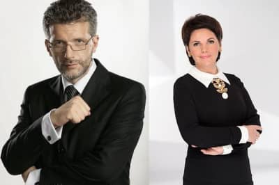 Ведучі дебатів Андрій Куликов та Олена Фроляк