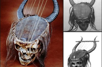 Центральноафриканська ліра, зроблена з людського черепа, рогів антилопи, шкіри, кишківника та волосся. Датований XIX століттям нашої ери, зараз він зберігається в Метрополітен-музеї.