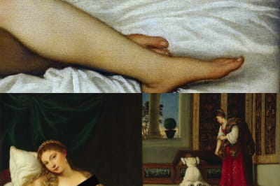 Собака, спрятанная в «Венере Урбинской» Тициана. Собака у ног женщины символизирует супружескую верность, а служанка, наблюдающая, как девушка копается в сундуке, символизирует материнство. Чувственность этой картины согласуется с ее бытовым предназначени