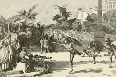 Художнє зображення спринту в обладунках на давньогрецьких іграх