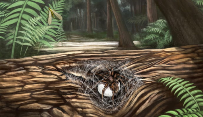 Самка паука и ее яичный мешок в бурманском янтаре