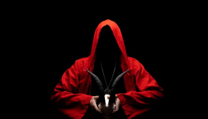 Мужчина в ритуальном плаще держит череп