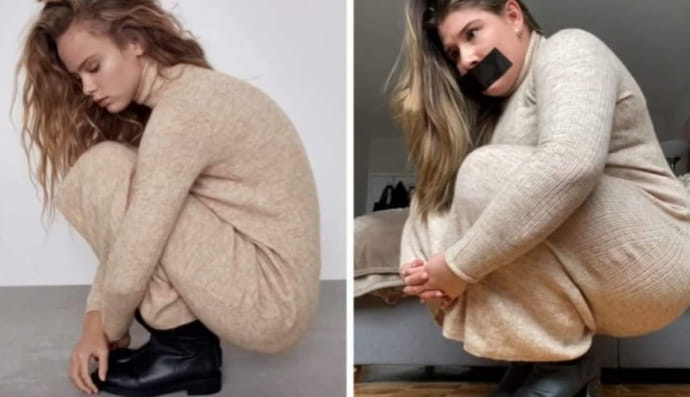 дівчина кумедно копіює пози моделей 