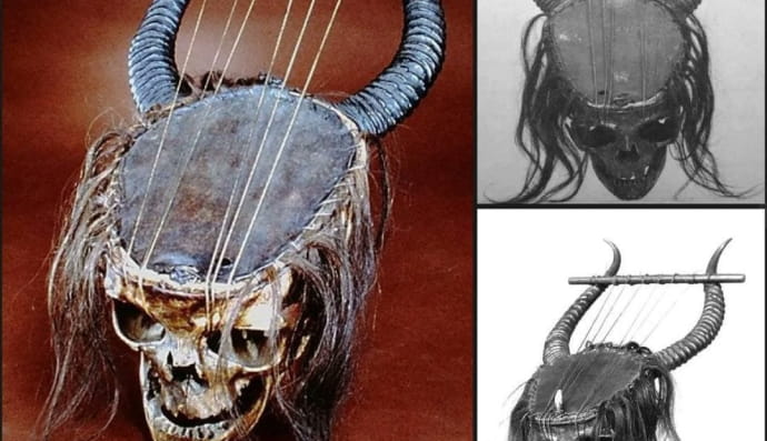 Центральноафриканская лира сделана из человеческого черепа, рогов антилопы, кожи, кишечника и волос. Датированный XIX веком нашей эры, сейчас он хранится в Метрополитен-музее.