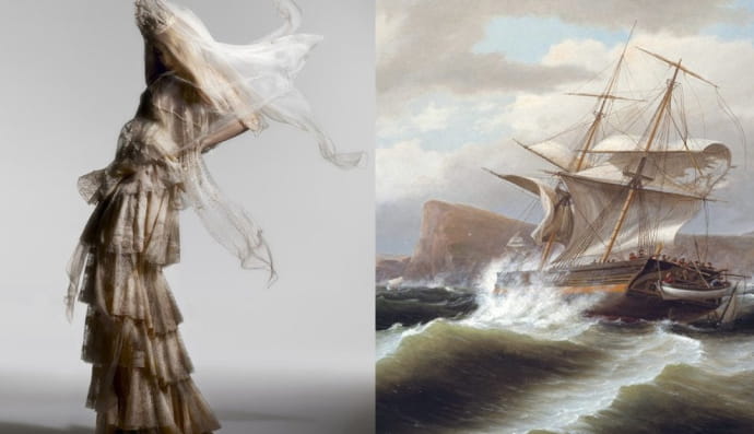 Lady Gaga wearing Givenchy (2010) photographed by Nick Knight - An American Ship in Distress by Thomas Birch (1841)