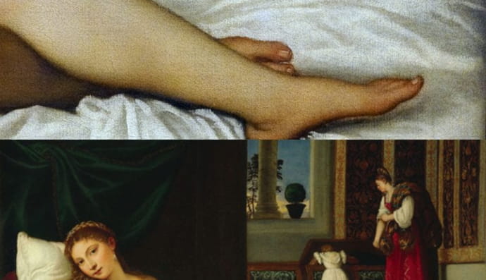 Собака, захована в «Венері Урбінської» Тиціана. Собака біля ніг жінки символізує подружню вірність, а служниця, яка спостерігає, як дівчина порпається в скрині, символізує материнство. Чуттєвість цієї картини узгоджується з її побутовим призначенням як подарунка від чоловіка дружині.