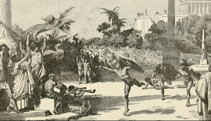 Художнє зображення спринту в обладунках на давньогрецьких іграх