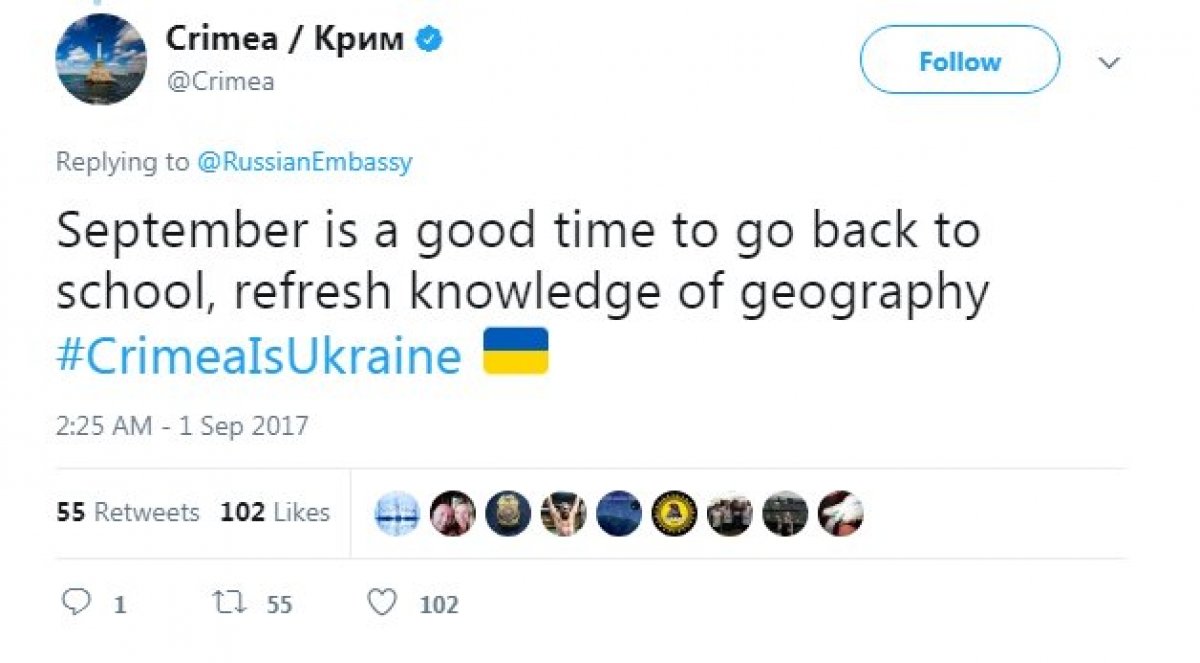відповідь акаунту Криму на пост посольства РФ