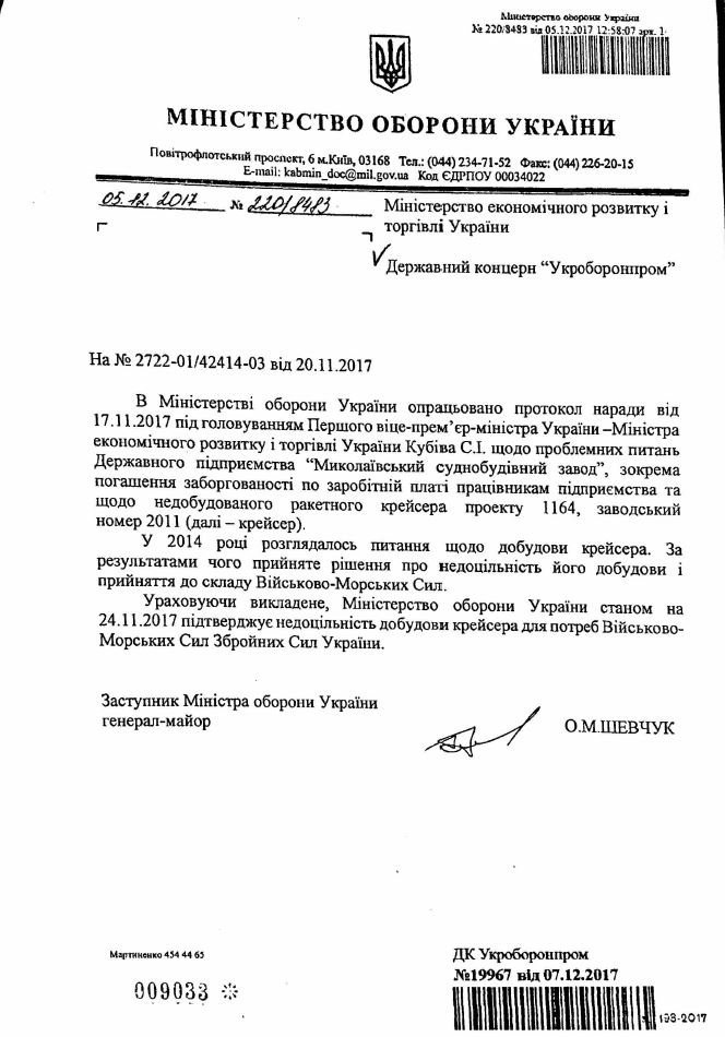 Міноборони про крейсер "Україна"