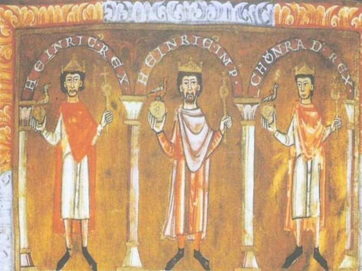 Генрих IV (в центре) на миниатюре из Аббатства св. Эммерама, XII в.