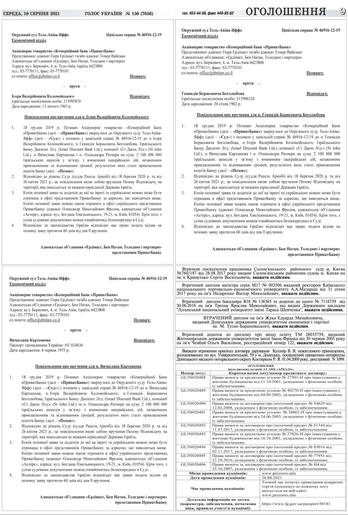 Иск "Приватбанка" к Коломойскому и Боголюбова