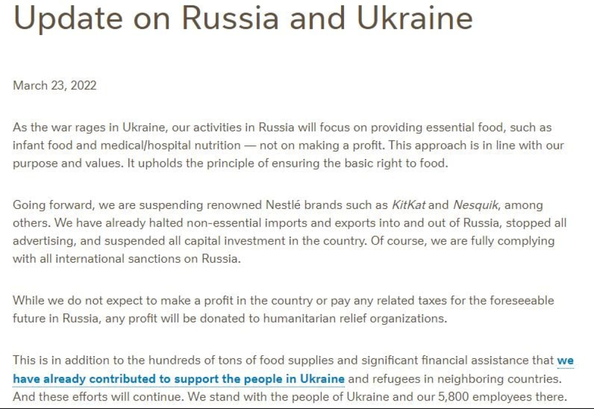 Nestle таки вирішила припинити на росії діяльність декількох своїх брендів