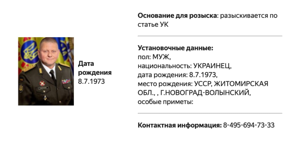 Залужний у розшуку в рф