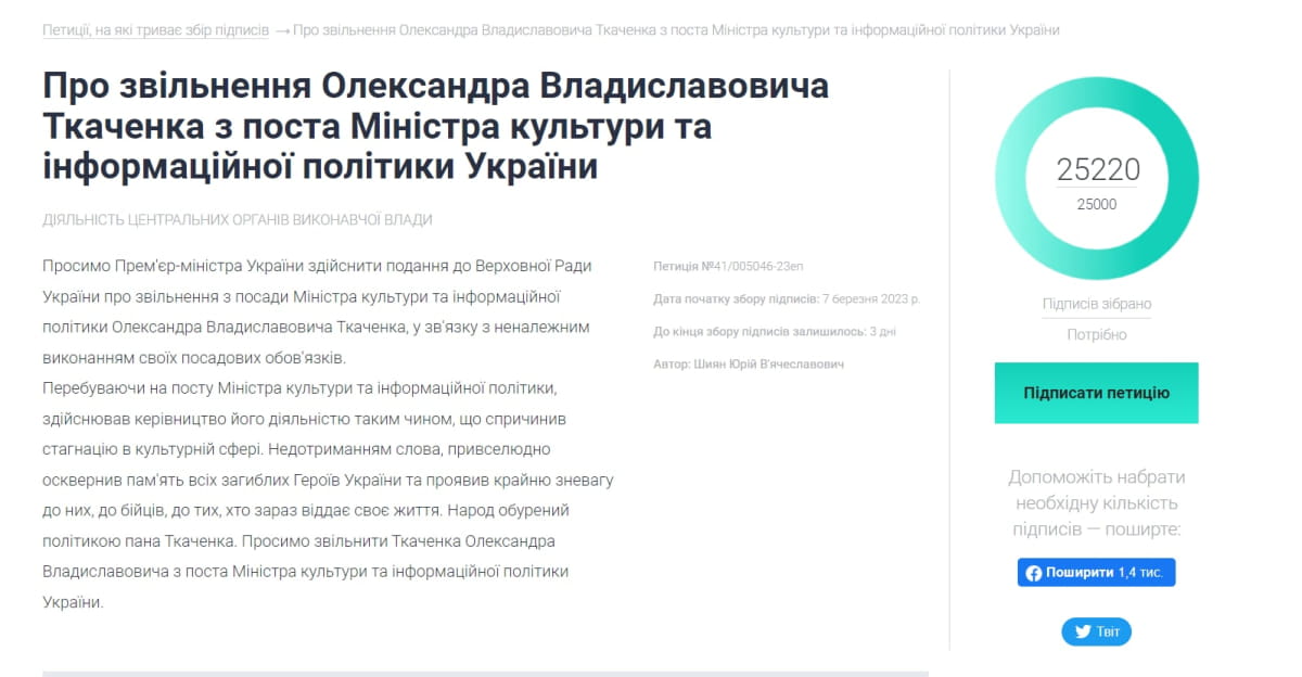 Петиция об уходе Ткаченко