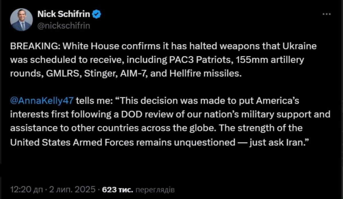 США не постачатимуть зброю Україні