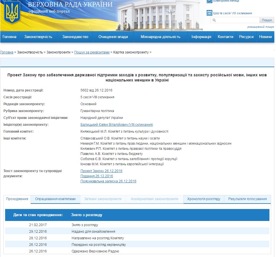 Законопроект про захист російської мови №5602 від 26.12.2016